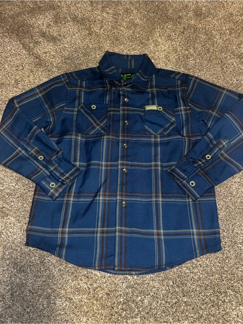 Dixxon Shirt Kids Small Blue Plaid Long Sleeve Button Up D-Tech Polyester Euc